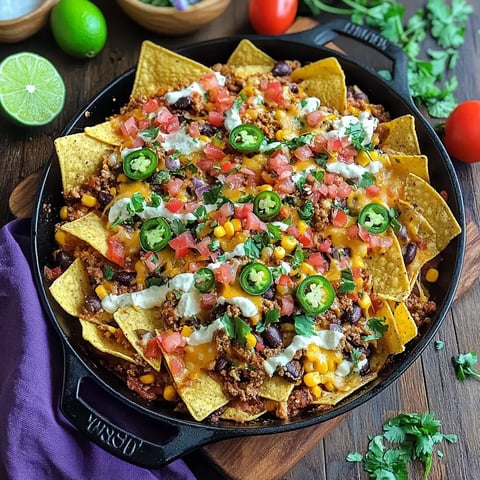 Un plat copieux avec chips tortilla, garni de viande hachée, haricots, maïs, jalapeños, tomates, fromage et crème, servi dans une poêle en fonte.