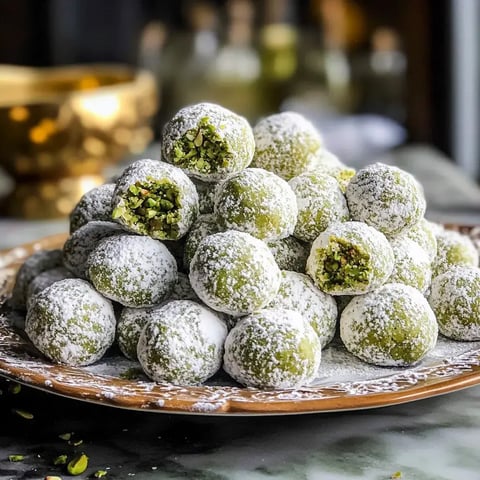 Un grand tas de friandises vertes saupoudrées de sucre glace sur une assiette, certaines sont à moitié ouvertes montrant une garniture de pistaches.