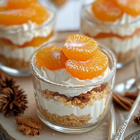 Un dessert en couches dans un verre avec une couche de miettes de biscuits, de crème et de morceaux de mandarine.