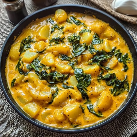 Un délicieux plat de pommes de terre et d'épinards frais dans une sauce crémeuse orangée.