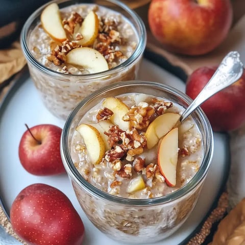 Deux pots d'avoine avec des pommes et des noix concassées, entourés de fruits frais.