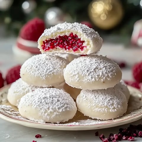 Une assiette de biscuits poudrés et sucrés, fourrés de fruits rouges, posée sur une table avec des framboises fraîches et quelques décorations hivernales.