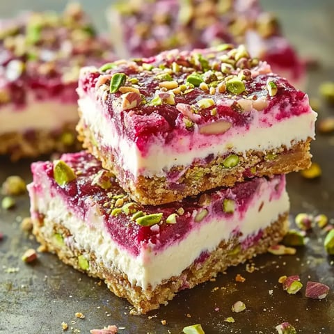 Gros plan sur deux couches d'un dessert avec une base biscuitée, une garniture crémeuse et une couche supérieure fruitée, parsemée de pistaches concassées.