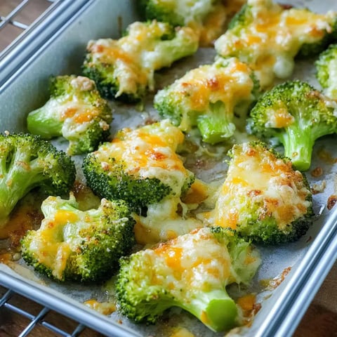 Brocoli gratiné avec fromage fondu sur une plaque de cuisson.