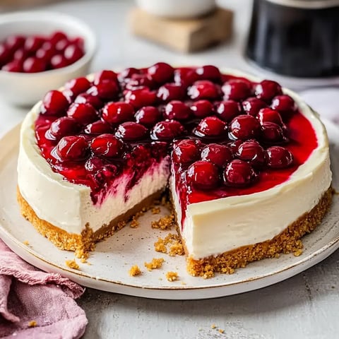 Un cheesecake aux cerises avec une base de biscuits, dont une part a été retirée.
