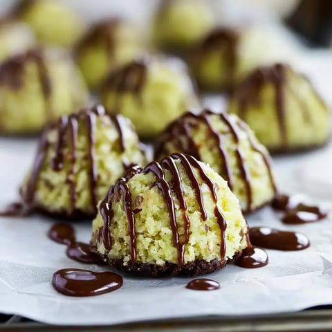 L'image montre une rangée de pâtisseries à base de noix de coco recouvertes de sauce au chocolat.
