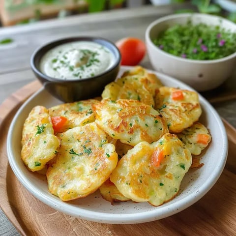 Une assiette avec des beignets croustillants et un bol de dip crémeux aux herbes accompagné de légumes frais.