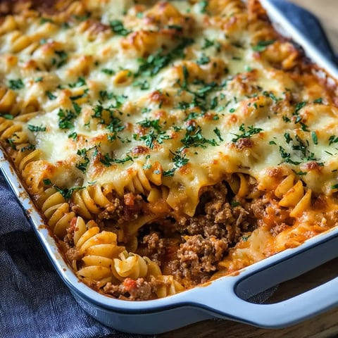 Un délicieux gratin de pâtes spirales, viande hachée et fromage, garni de persil frais.