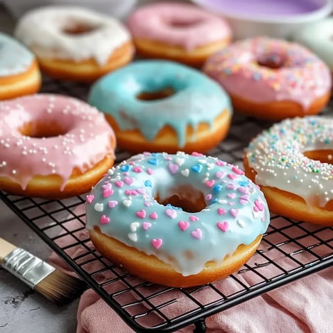Beignets colorés avec différents glaçages et vermicelles sur une grille à pâtisserie.