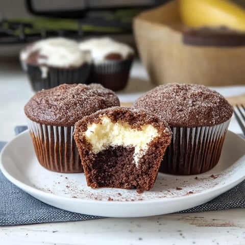 Trois muffins au chocolat, dont un coupé en deux pour dévoiler sa garniture. Ils sont présentés sur une assiette blanche.