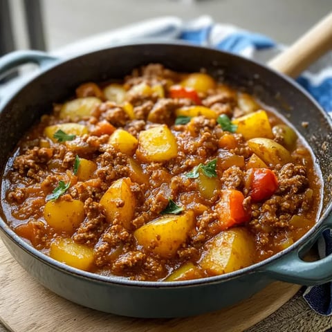 Une marmite de ragoût copieux à la viande hachée, servie avec des pommes de terre et des poivrons dans une sauce épaisse brun-rouge.