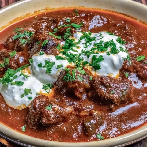 Une assiette de viande tendre dans une sauce savoureuse, garnie de coriandre fraîche et d'une touche de crème.