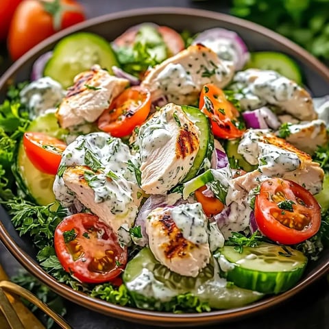 Une salade colorée avec du poulet grillé, des tomates, des concombres et une sauce crémeuse aux herbes.