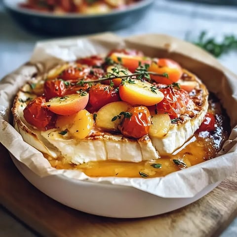 Un camembert fondant garni de tomates cerise juteuses, de pêches sucrées et de thym frais, présenté dans un plat blanc.