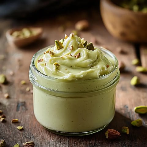 Un pot de crème de pistache onctueuse, garnie de pistaches hachées, sur une table en bois rustique.
