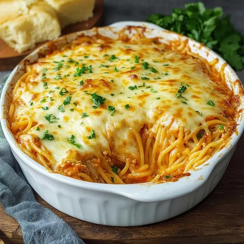 Un délicieux gratin de spaghetti recouvert de fromage fondu et garni de persil frais.