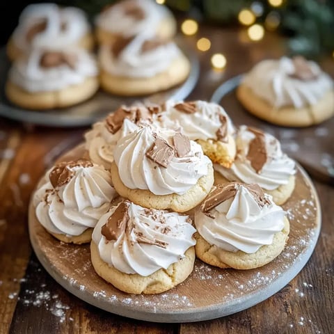 Un joli arrangement de biscuits coiffés de crème, avec des morceaux de chocolat, dans une ambiance festive.