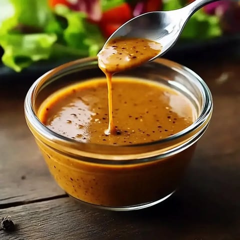 Un pot contenant une sauce crémeuse brunâtre est touché par une cuillère, tandis qu'en arrière-plan on aperçoit de la salade fraîche.