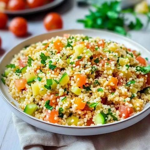 Une salade colorée de boulgour avec des légumes frais et herbes sur une assiette.
