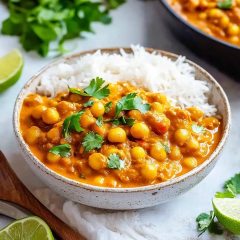 Un bol de riz recouvert d'une sauce crémeuse aux pois chiches garnie de feuilles de coriandre fraîche, accompagné d'un quartier de citron vert et de coriandre fraîche.