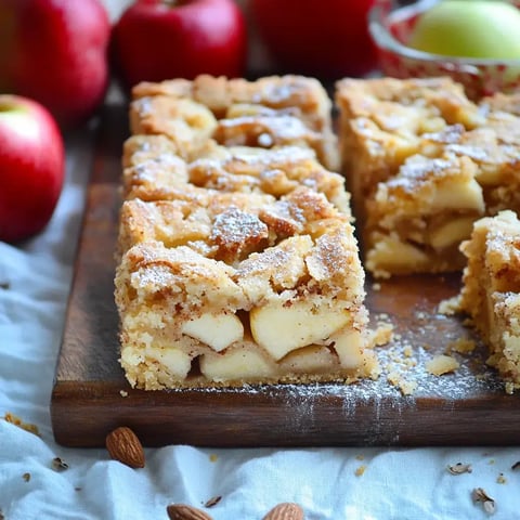 Une part de gâteau aux pommes saupoudrée de sucre glace, présentée sur une planche en bois, entourée de pommes fraîches et d’amandes.
