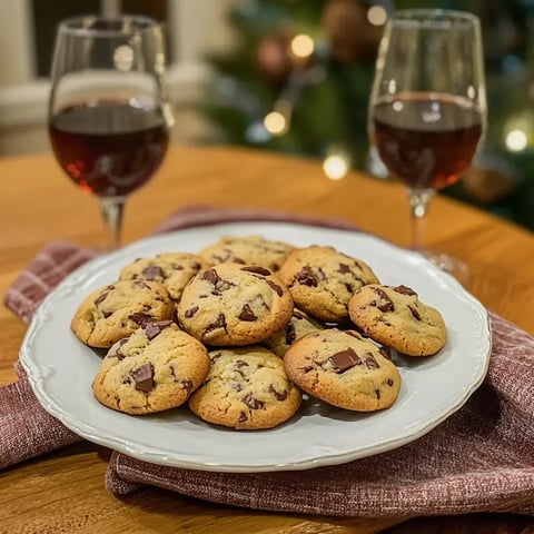 Une assiette de biscuits au chocolat fraîchement cuits posée sur une table, entourée de deux verres de vin.