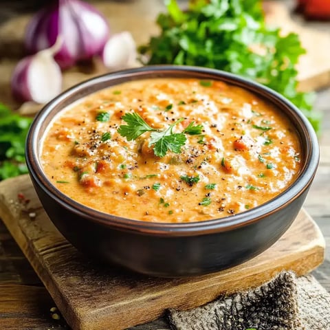 Un bol de soupe crémeuse à la tomate, garnie de coriandre fraîche et de grains de poivre noir, posé sur une planche en bois.