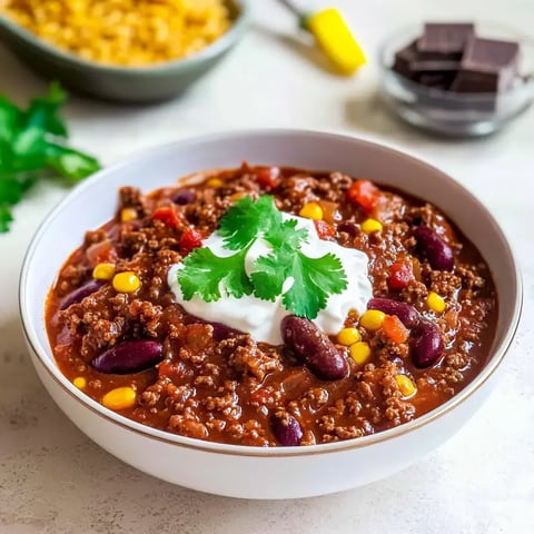 Un bol de chili con carne avec viande hachée, haricots rouges, maïs et une garniture de crème aigre et coriandre fraîche.