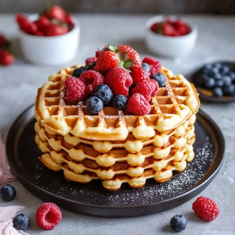 Une pile de gaufres garnies de framboises et myrtilles fraîches sur une assiette noire.