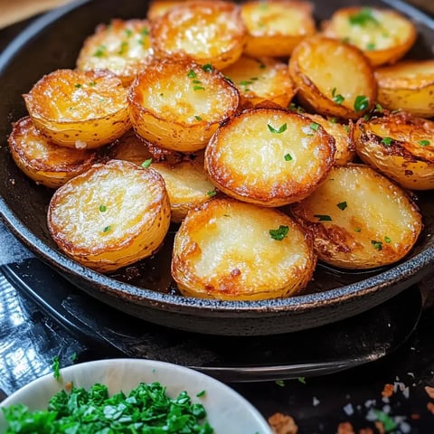 Tranches de pommes de terre dorées avec du persil vert dans une poêle, accompagnées d'un bol de persil frais haché.