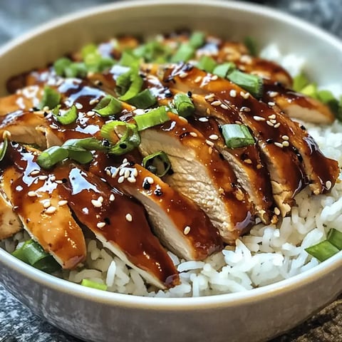 Dans un bol, des morceaux de blanc de poulet avec une sauce brillante et des oignons verts servis sur un lit de riz blanc.