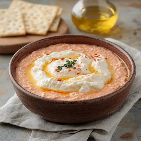 Un bol de mousse de trempette rougeâtre, garnie de crème fraîche, d'huile et d'épices, avec des craquelins en arrière-plan.