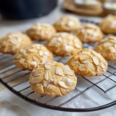 Des biscuits fraîchement cuits décorés d'amandes reposant sur une grille de refroidissement.