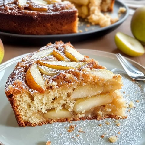 Une part de gâteau aux pommes moelleux avec de fines tranches de pommes, du sucre glace dessus, posée sur une assiette avec des pommes autour.