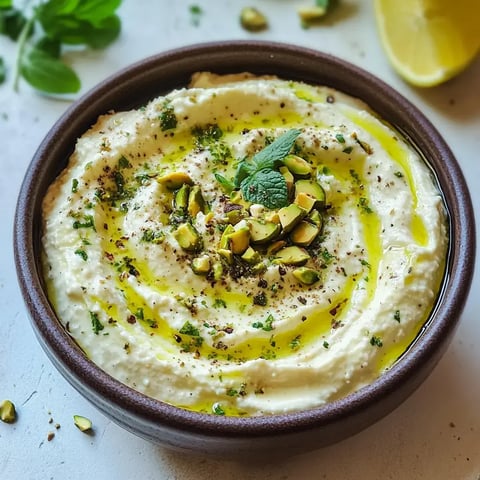 Un bol de dip crémeux garni de pistaches grillées, de menthe fraîche et d'un filet d'huile d'olive.