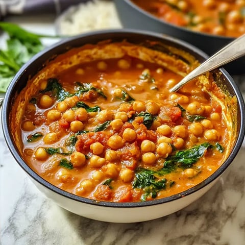 Un bol de soupe aux pois chiches, épinards et tomates, servi avec une cuillère.