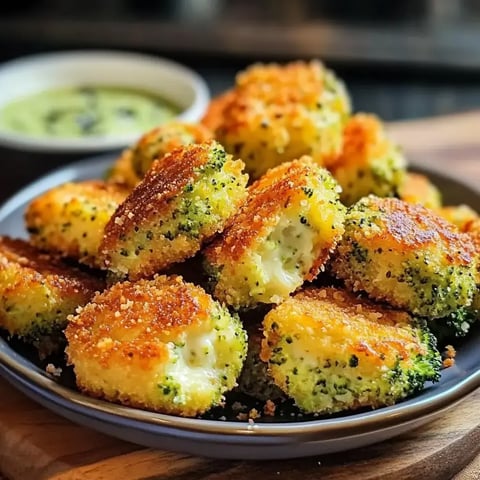 Un plat rempli de nuggets dorés au brokkoli et fromage, croustillants à l’extérieur et fondants à l’intérieur, accompagné d’une petite sauce verte.