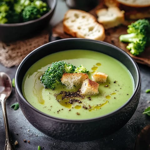 Un velouté vert de brocoli garni de petits bouquets de brocoli, de croûtons dorés et d'un filet d'huile d'olive dans un bol noir.