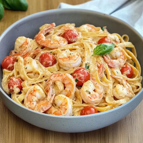 Pâtes aux crevettes en sauce crémeuse