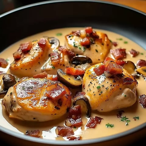 Poulet Moutarde, Lardons et Champignons dans une Sauce Onctueuse