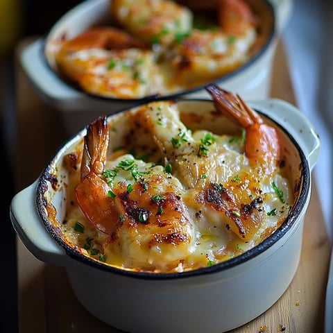 Délicieuses Saint-Jacques aux crevettes en cassolettes