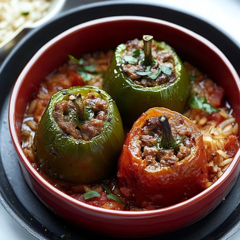 Poivrons verts au four : farcis de viande hachée et riz cuit, sur un lit de sauce tomate