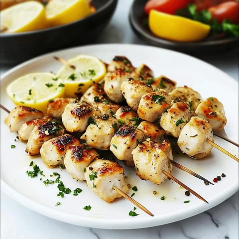 Brochettes de poulet mariné au citron, ail, épices / herbes