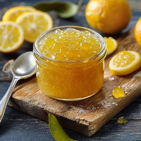 Un pot rempli de confiture d'agrumes posé sur une table.