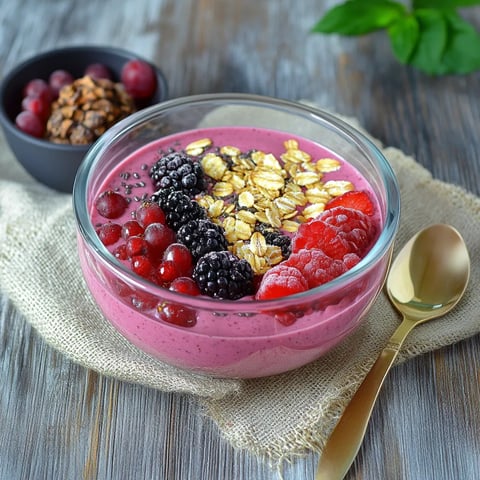 Un bol crémeux garni de baies rouges, noires et bleues fraîches.