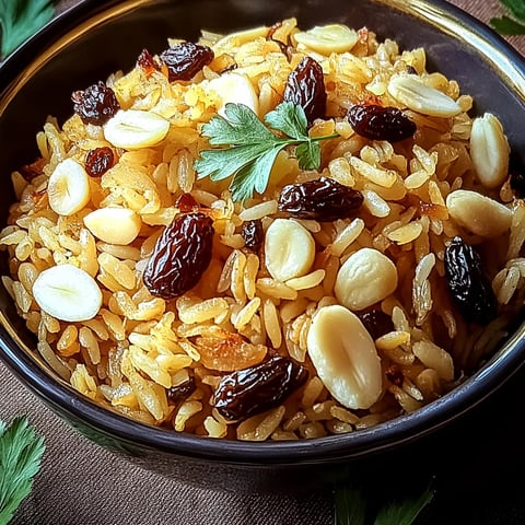 Un bol de riz garni de noix et raisins secs.