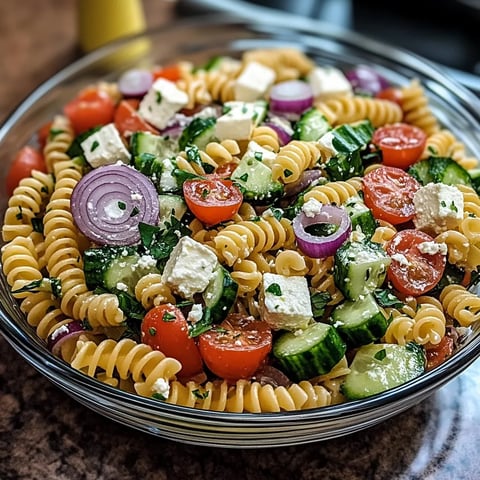 Un bol appétissant garni de pâtes, tomates, concombres, oignons rouges et fromage émietté.