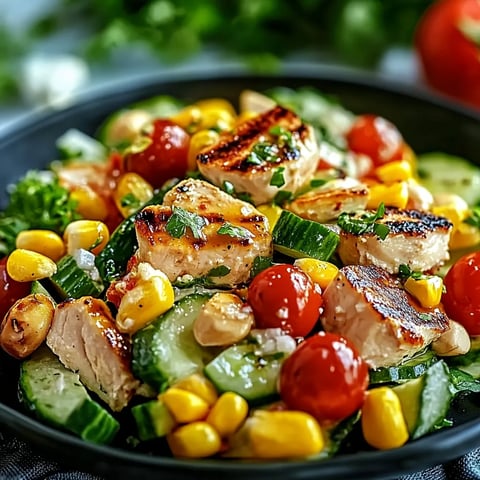 Une assiette de salade contenant des légumes et des viandes grillées.
