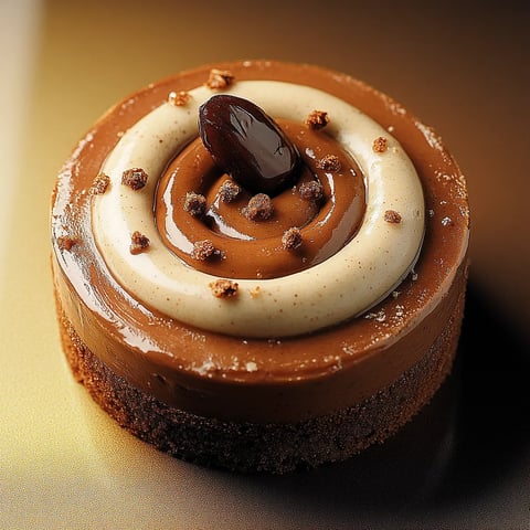 Un petit gâteau chocolaté avec une goutte de chocolat qui glisse sur le dessus.