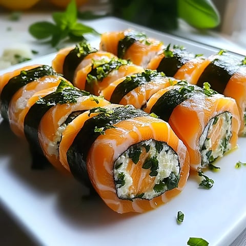 Une assiette de wraps au saumon garnis d'herbes fraîches et de verdure.
